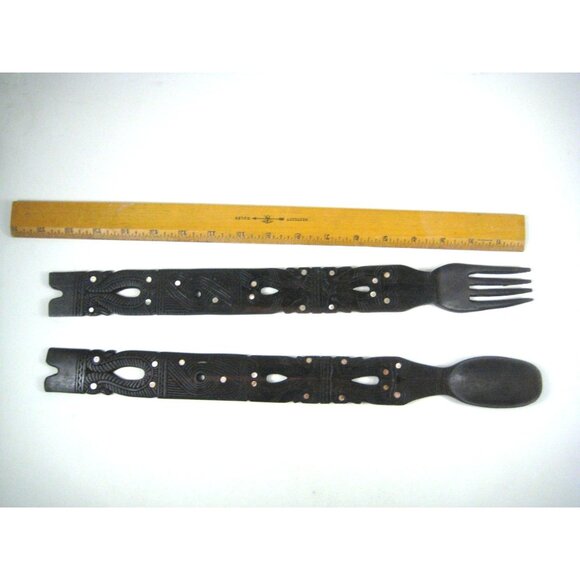 Carved Wooden Fork Spoon Salad Serving Set Tribal Home Kitchen Decor Inlay - Picture 2 of 12